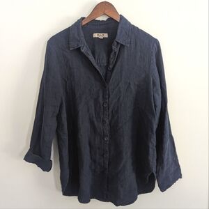 FLAX Navy Button Down Small Blouse Top Lagenlook Cottagecore